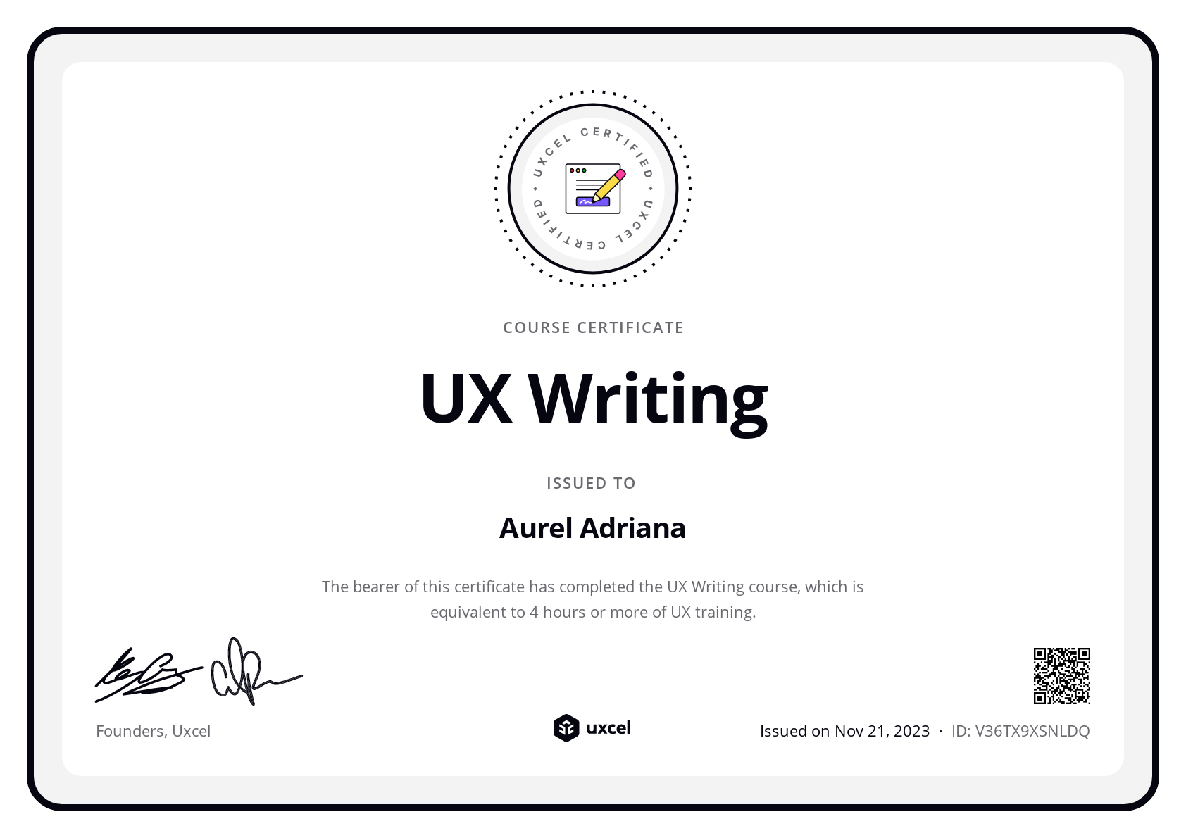 Aurel Adriana's certificate